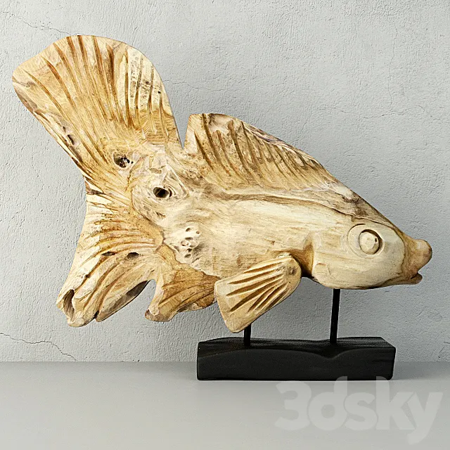 Hand Carved Driftwood Fish On Stand 3D Model