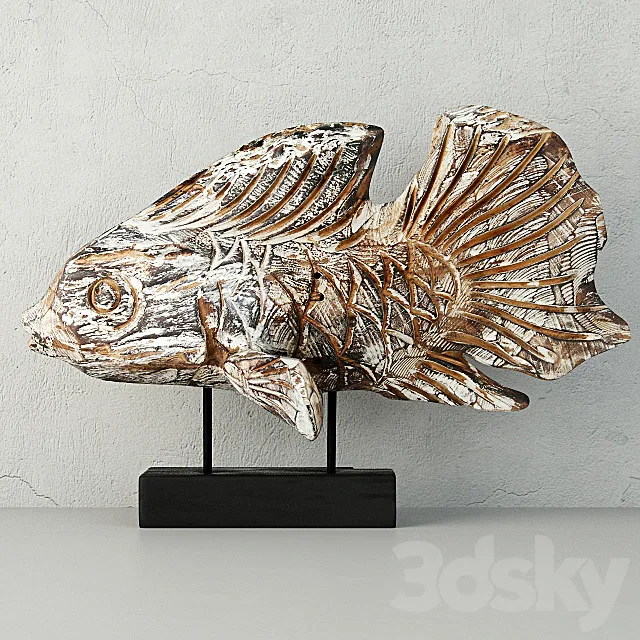 Hand-Carved Driftwood Fish On Stand 3D Model