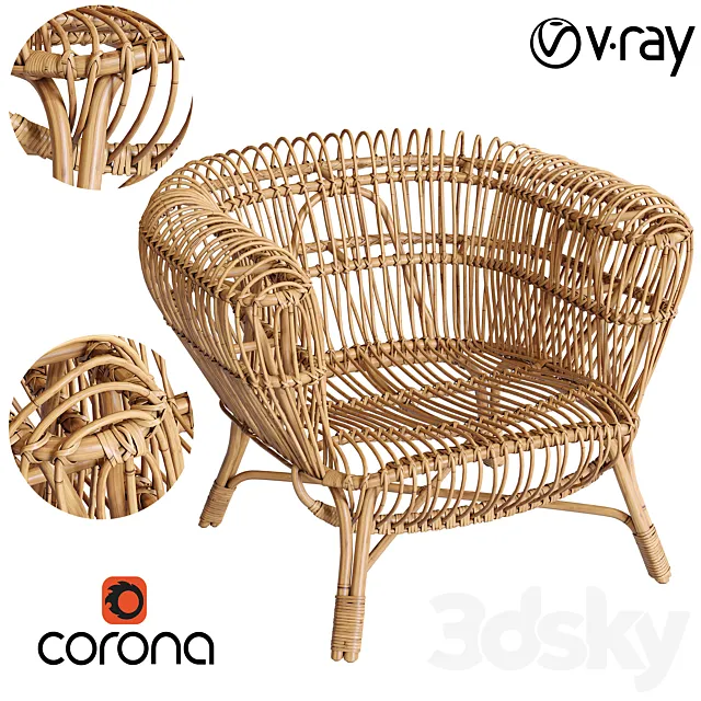 Handwoven Rattan and Kubu Roll Arm Calida Chair 3D Model