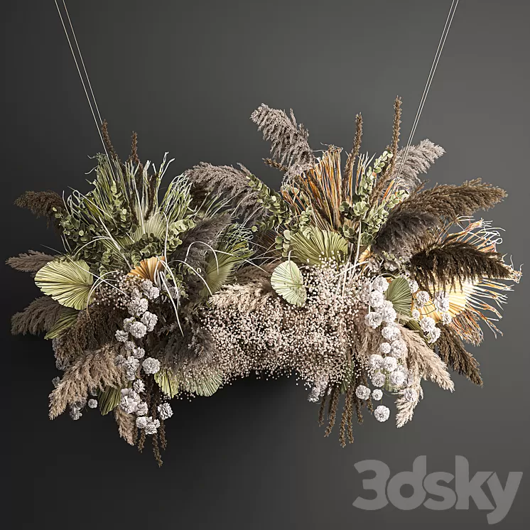 Hanging bouquet and installation under the ceiling decor above the table made of dried flowers palm leaf and pampas grass. 232. 3D Model Free
