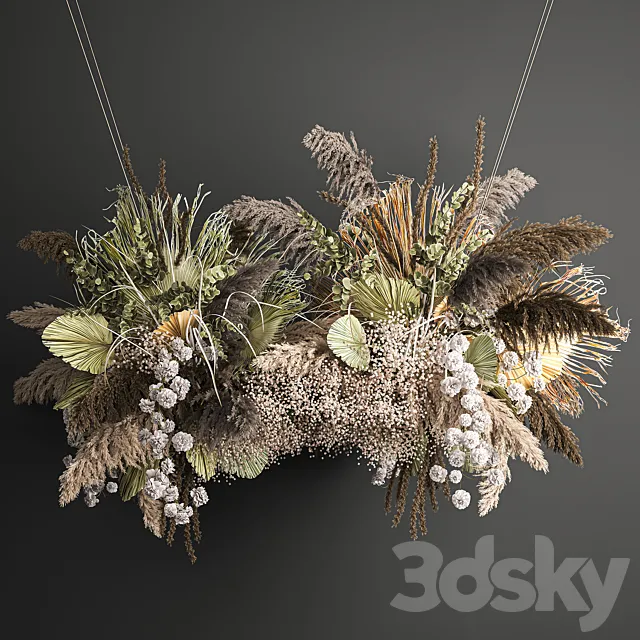Hanging bouquet and installation under the ceiling. decor above the table made of dried flowers. palm leaf and pampas grass. 232. 3DModel
