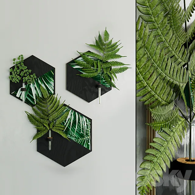 Hexagon plant hanger with fern sprigs by WoodaHome 3D Model