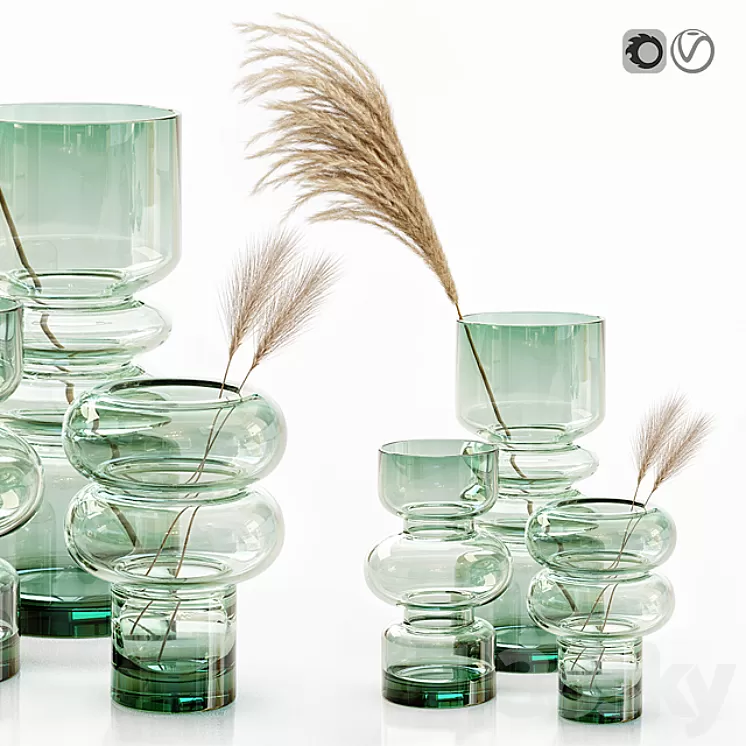 H&M glass vases with dried flower pampas grass 3D Model
