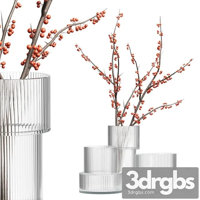 HM Glass Vases With Red Berry Branch 3D Model Free