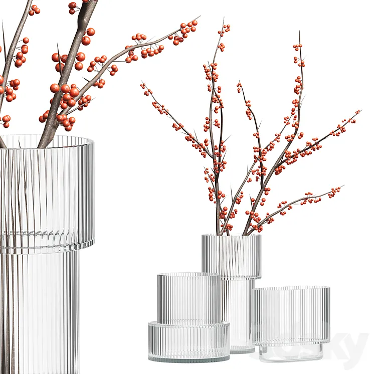 H&M Glass Vases with red berry branch 3D Model Free