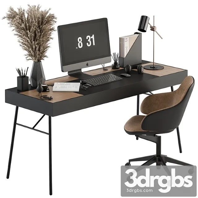 Home Office Black and Wood Table Office Furniture 296 3D Model Free