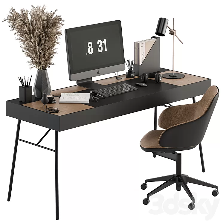 Home Office Black and Wood Table - Office Furniture 296 3D Model Free