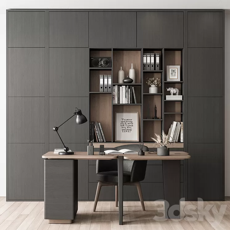 Home Office Desk and Library Gray Set - Office Furniture 286 3D Model Free
