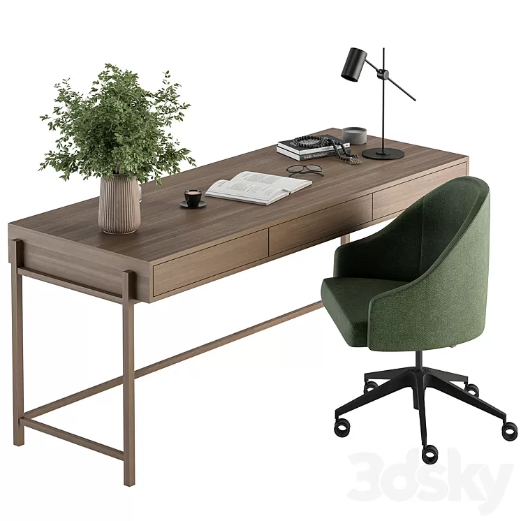 Home Office Green and Wood Set - Office Furniture 329 3D Model Free