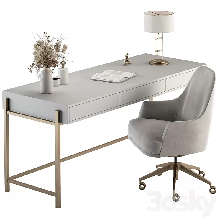 Home Office white and Gold Table - Office Furniture 282 3D Model Free