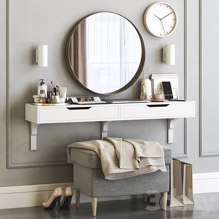 IKEA ALEX dressing table with STRANDMON ottoman and STOCKHOLM round mirror 3D Model