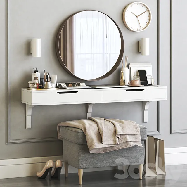 IKEA ALEX dressing table with STRANDMON ottoman and STOCKHOLM round mirror 3DModel