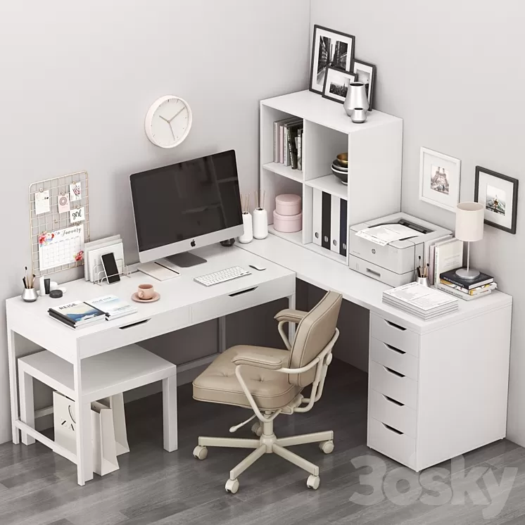 IKEA corner workplace with ALEX table and ALEFJALL chair 3D Model