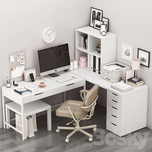 IKEA corner workplace with ALEX table and ALEFJALL chair 3DModel