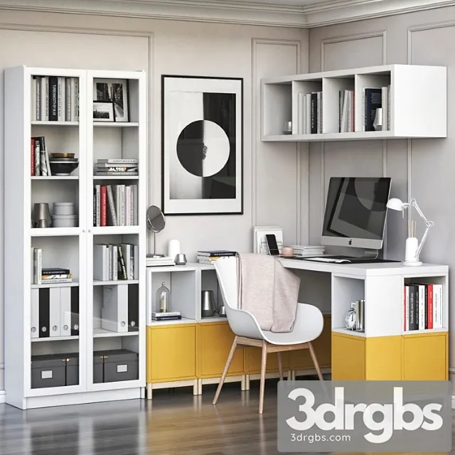 Ikea corner workplace with eket storages and billy oxberg bookcase 2 3D Model Free