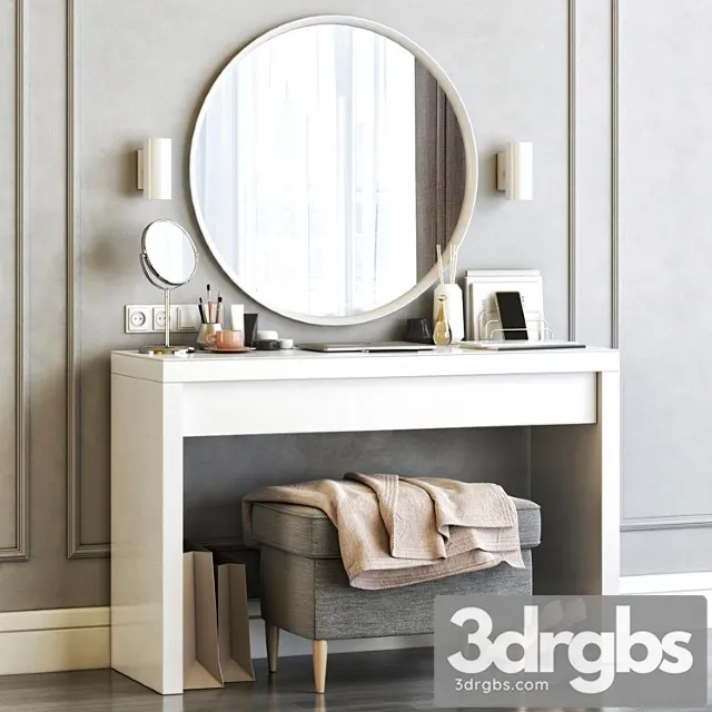 Ikea malm dressing table with langesund round mirror and strandmon gray ottoman 2 3D Model Free