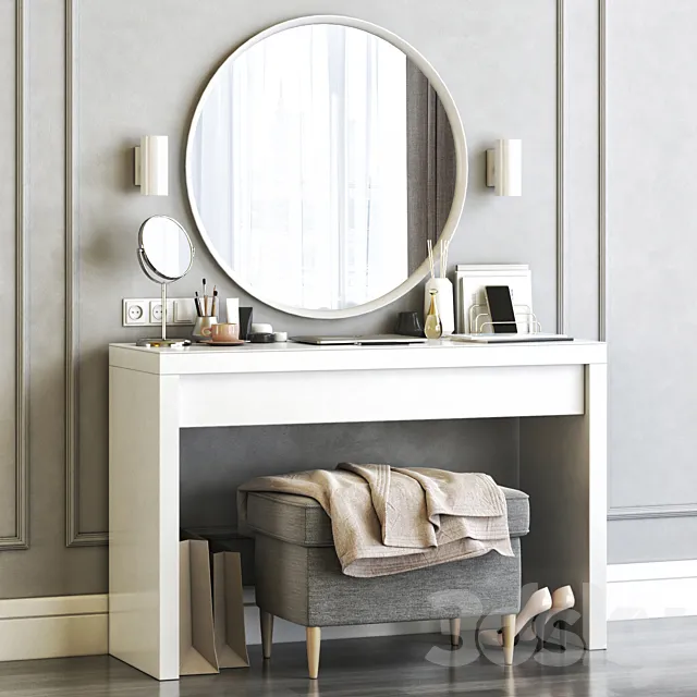 Ikea Malm Dressing Table with Langesund Round Mirror and Strandmon Gray Ottoman 3D Model