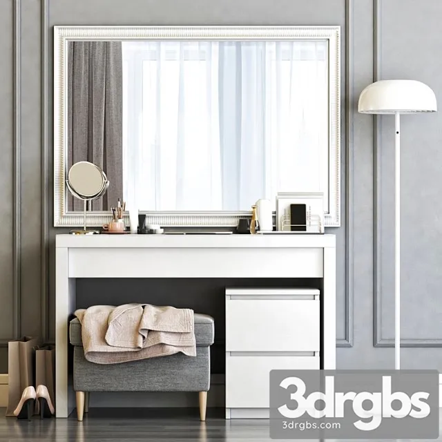Ikea malm dressing table with songe wall mirror and strandmon gray ottoman 2 3D Model Free