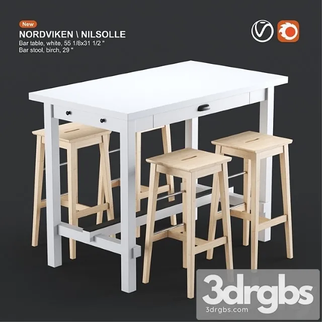 Ikea nordviken bar table and nilsolle bar stool white and birch 2 3D Model Download