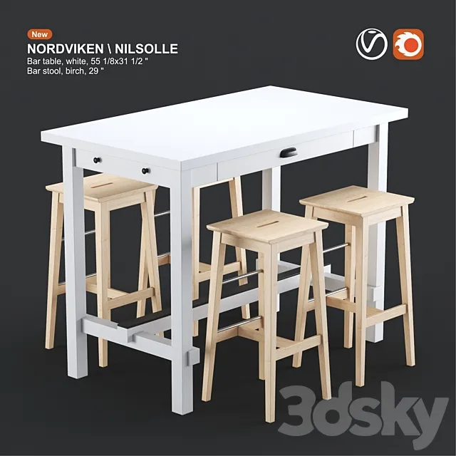 Ikea NORDVIKEN bar table and NILSOLLE bar stool white and birch 3D Model