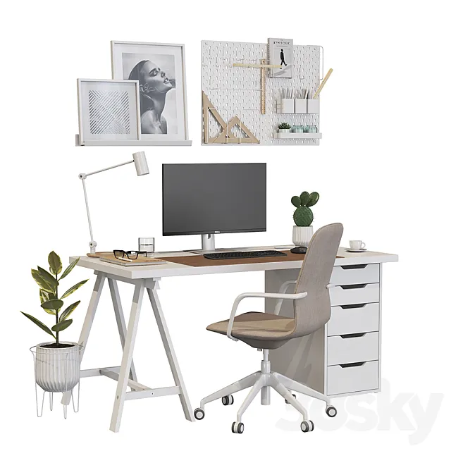 Ikea office workplace white A01 3DModel