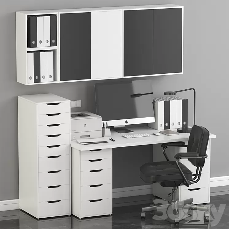 Ikea Office Workplace with Alex Table Alefjäll Chair and Eket wall-mounted cabinet 3D Model