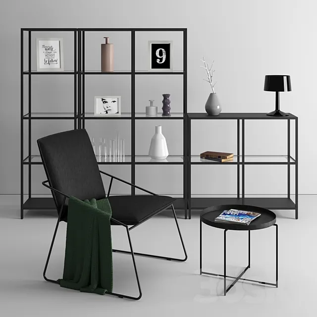 Ikea Shelf unit Coffee table and Wire Base Chair 3D Model