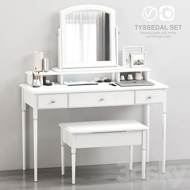 IKEA TYSSEDAL Dressing table with mirror and storage stool white 3D Model
