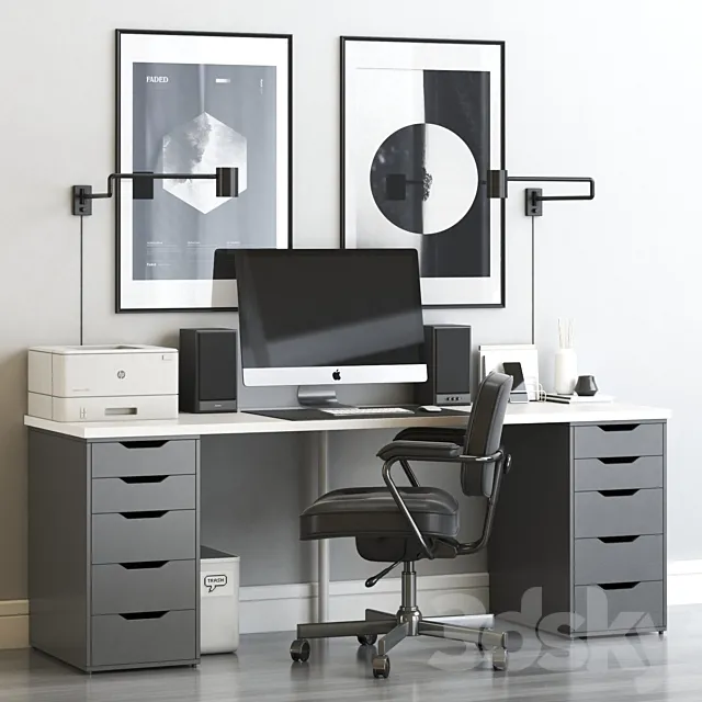 IKEA workplace with ALEX table and ALEFJALL chair 3DModel