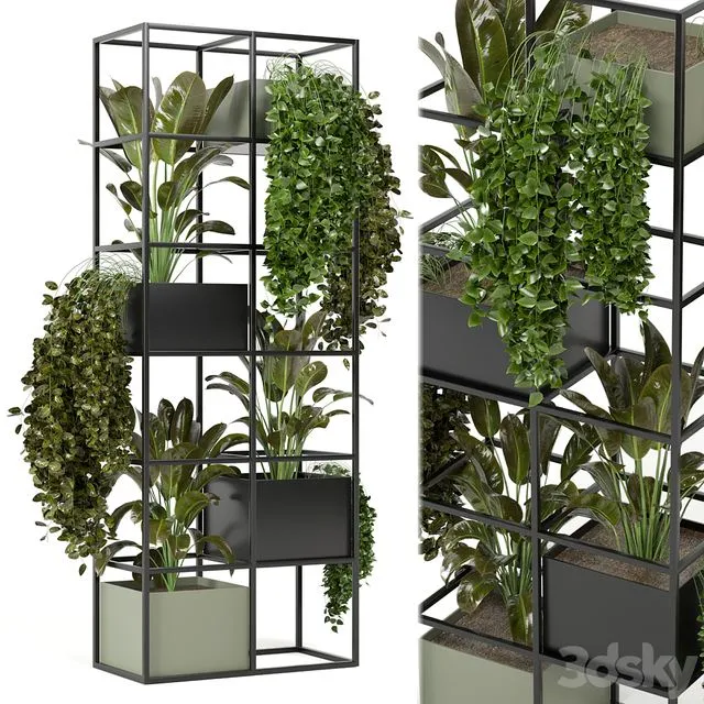 indoor plants in rusty concrete pot on metal shelf - Set 122 3D Model