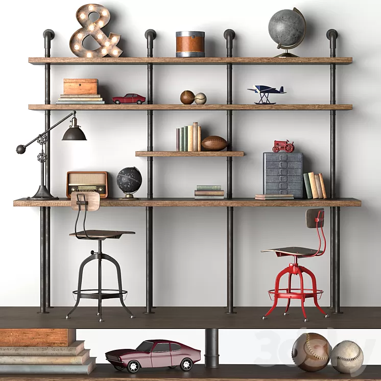 INDUSTRIAL PIPE DOUBLE DESK WITH SHELVING 3D Model