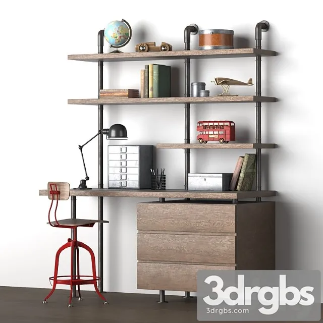 Industrial pipe single desk & shelving with drawers 2 3D Model Free