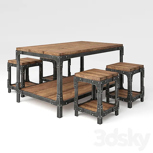Industrial set: table and chairs 3D Model