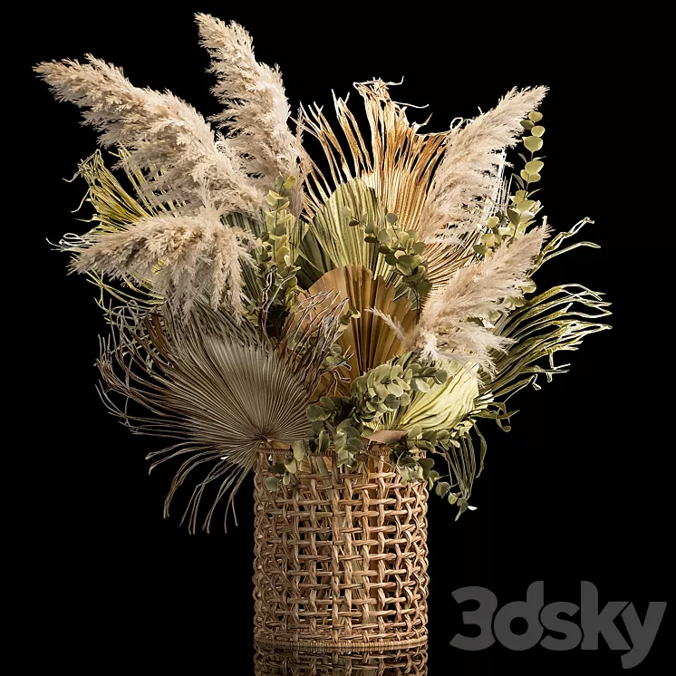Installation bouquet pampas grass in a wicker basket of twigs dry leaves dried flower. 239. 3D Model Free
