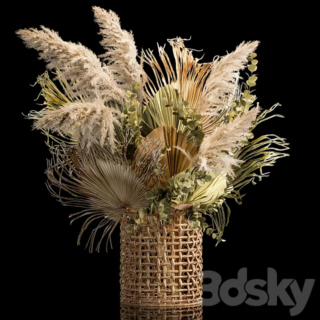 Installation bouquet pampas grass in a wicker basket of twigs. dry leaves. dried flower. 239. 3DModel