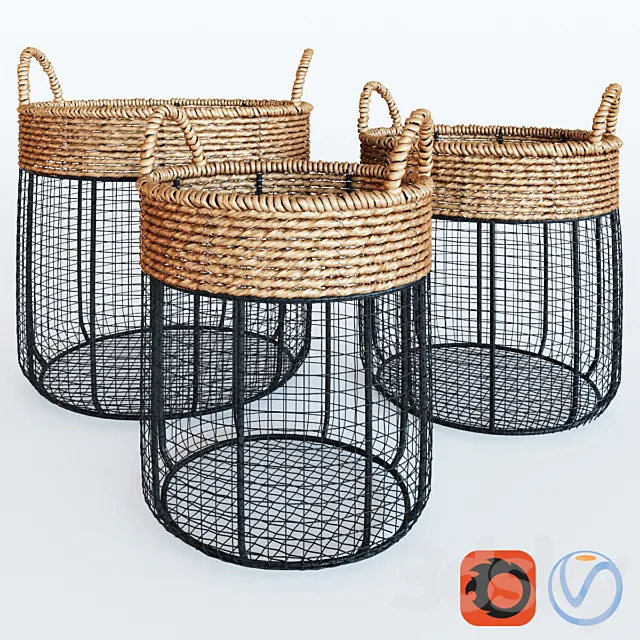 Iron Wire Round Scoop Baskets With Seagrass 3DModel