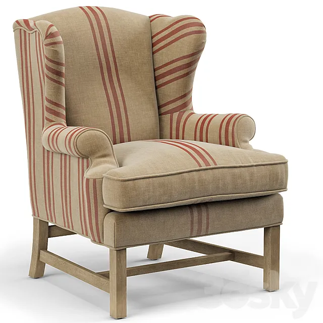 Khaki Linen English Club Chair with Red Stripe 3D Model