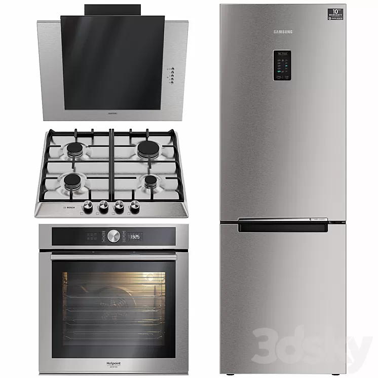 Kitchen appliances. Hood oven refrigerator hob. Samsung. Bosch. 3D Model