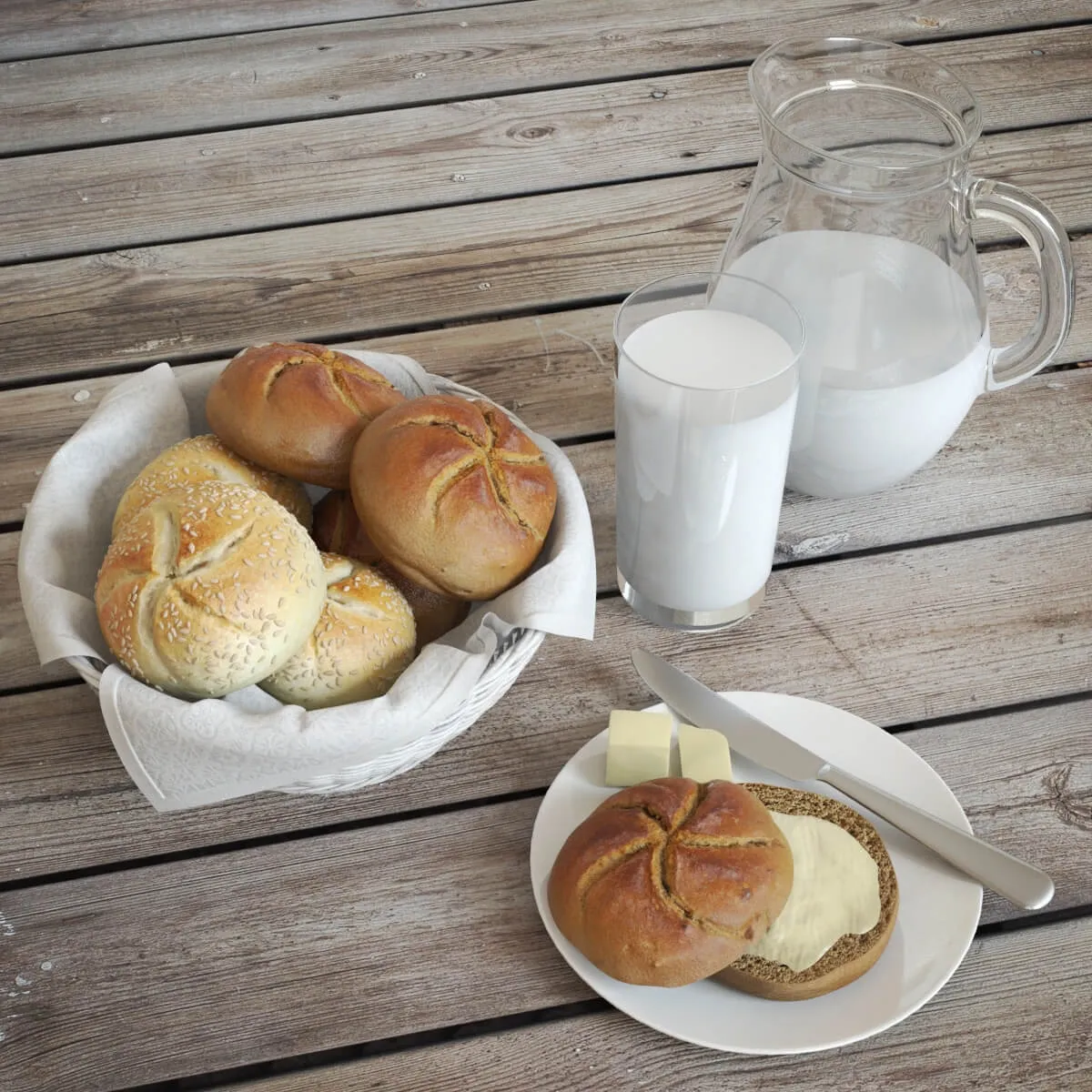 kitchen - Buns and milk 3D Model