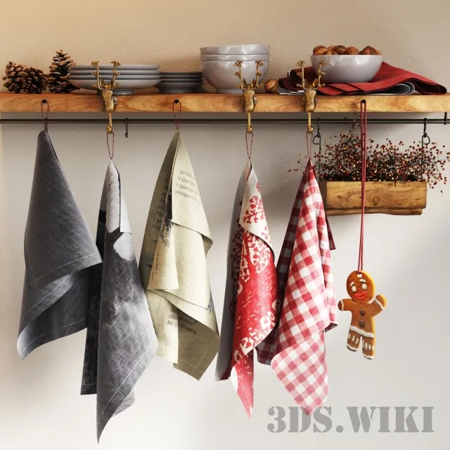 kitchen - Kitchen set dishes towels 3D Model