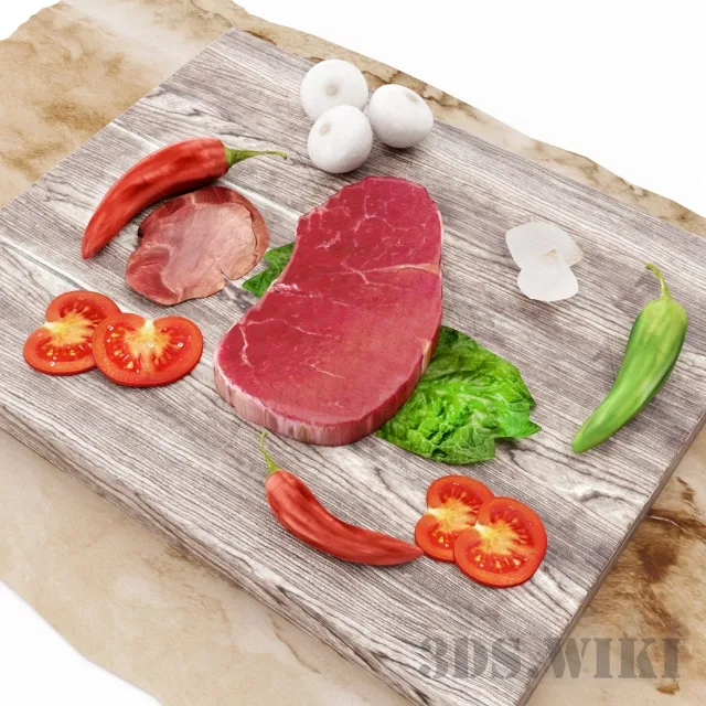 kitchen - Meat steak on a cutting board 3D Model