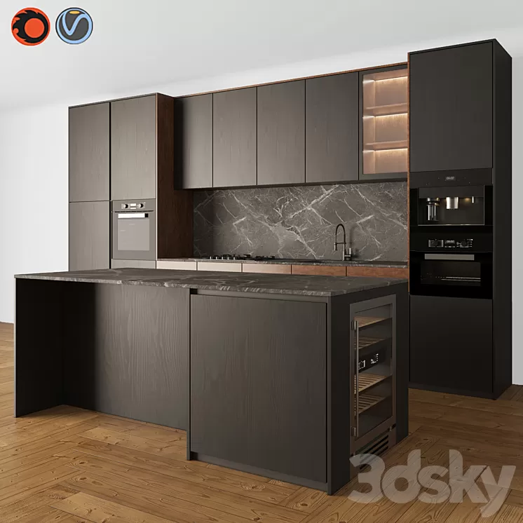 Kitchen Modern 05 Black & Wood 3D Model Free