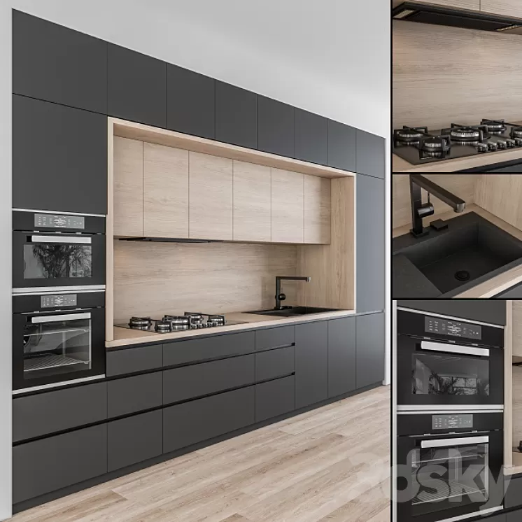 Kitchen Modern - Black and Wood 43 3D Model