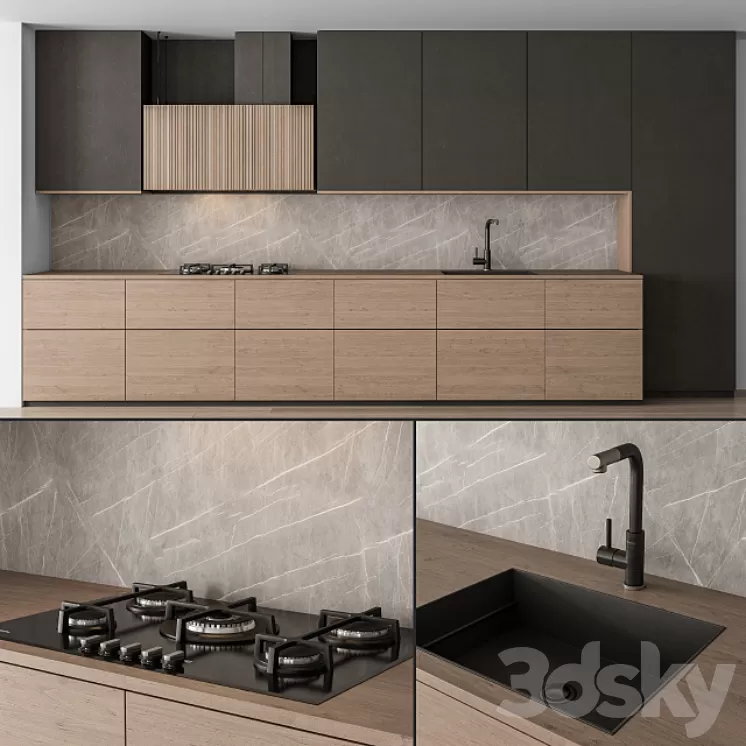 Kitchen Modern - Black and Wood 76 3D Model
