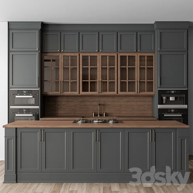 Kitchen NeoClassic - Gray and Wood Set 68 3D Model Free