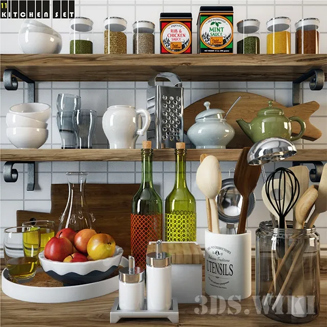 kitchen - Set of spices drinks and dishes 3D Model