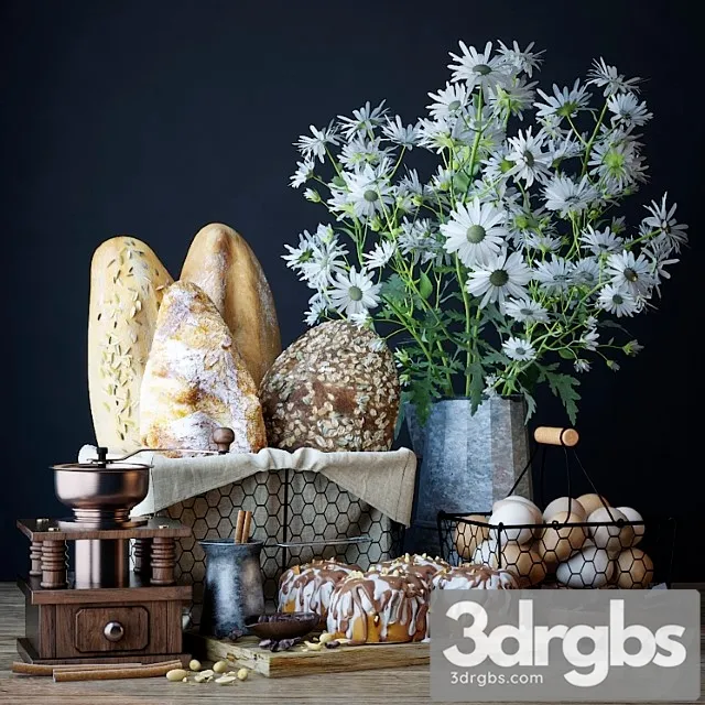 Kitchen set with bread and cinnapons 3D Model Free