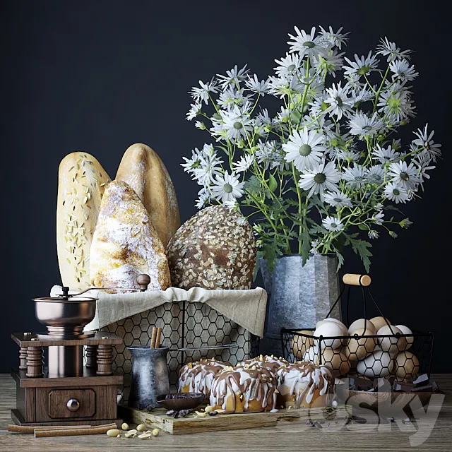 Kitchen set with bread and cinnapons 3DModel