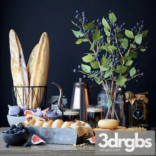 Kitchen set with bread and donuts 3D Model Free