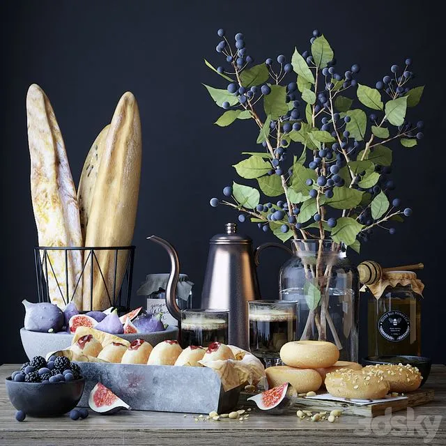 Kitchen set with bread and donuts Free Download